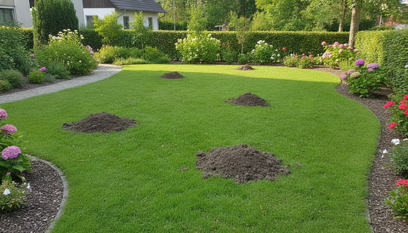 Maulwurfshügel in gepflegtem Rasen
