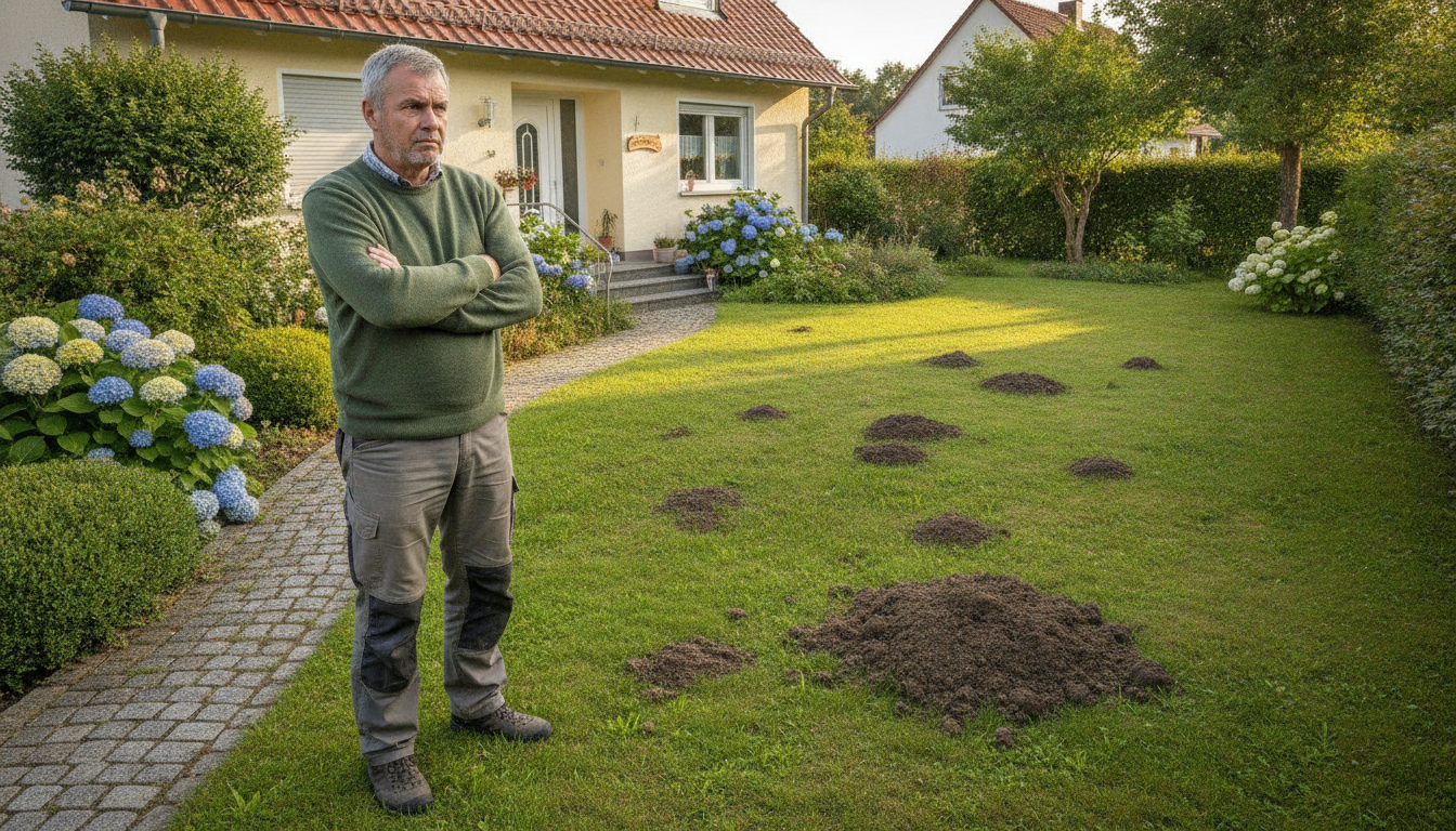 Skeptischer Gartenbesitzer vor Maulwurfshügeln